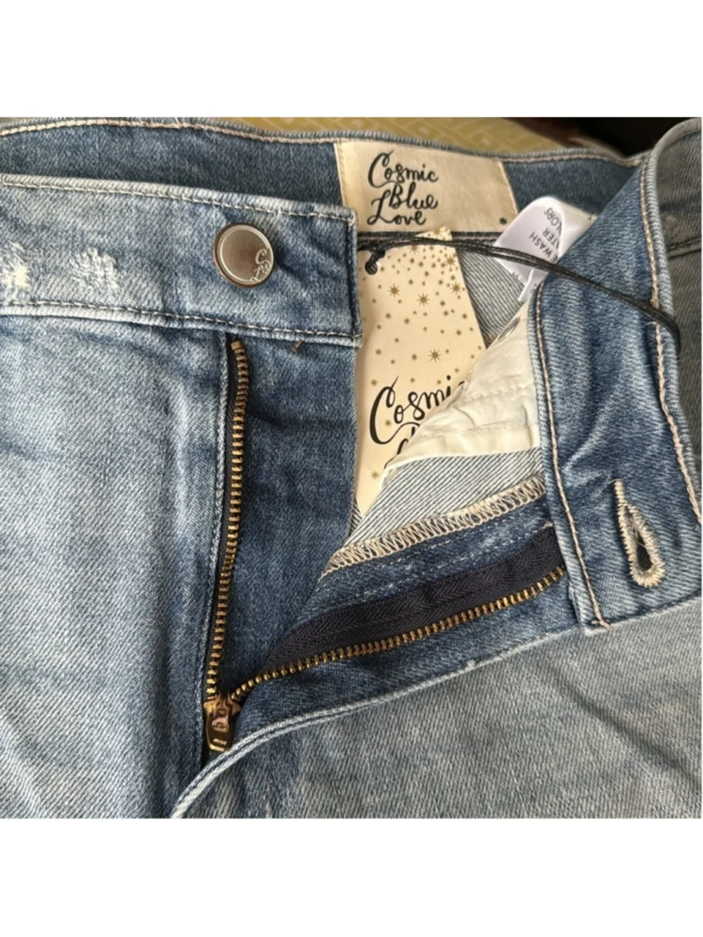 Cosmic Blue Love Distressed Denim Shorts Raw Hem Mid-Rise Summer Size 28